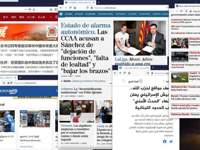 Kollage av webbläsarfönster med nyhetssidor på olika språk.