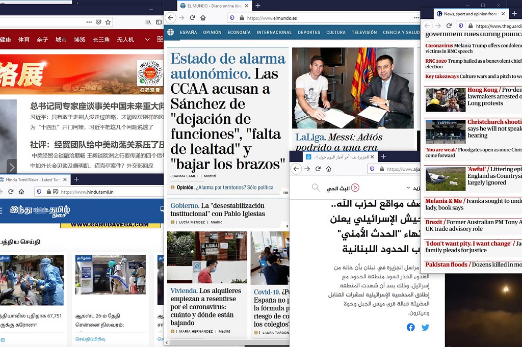 Kollage av webbläsarfönster med nyhetssidor på olika språk